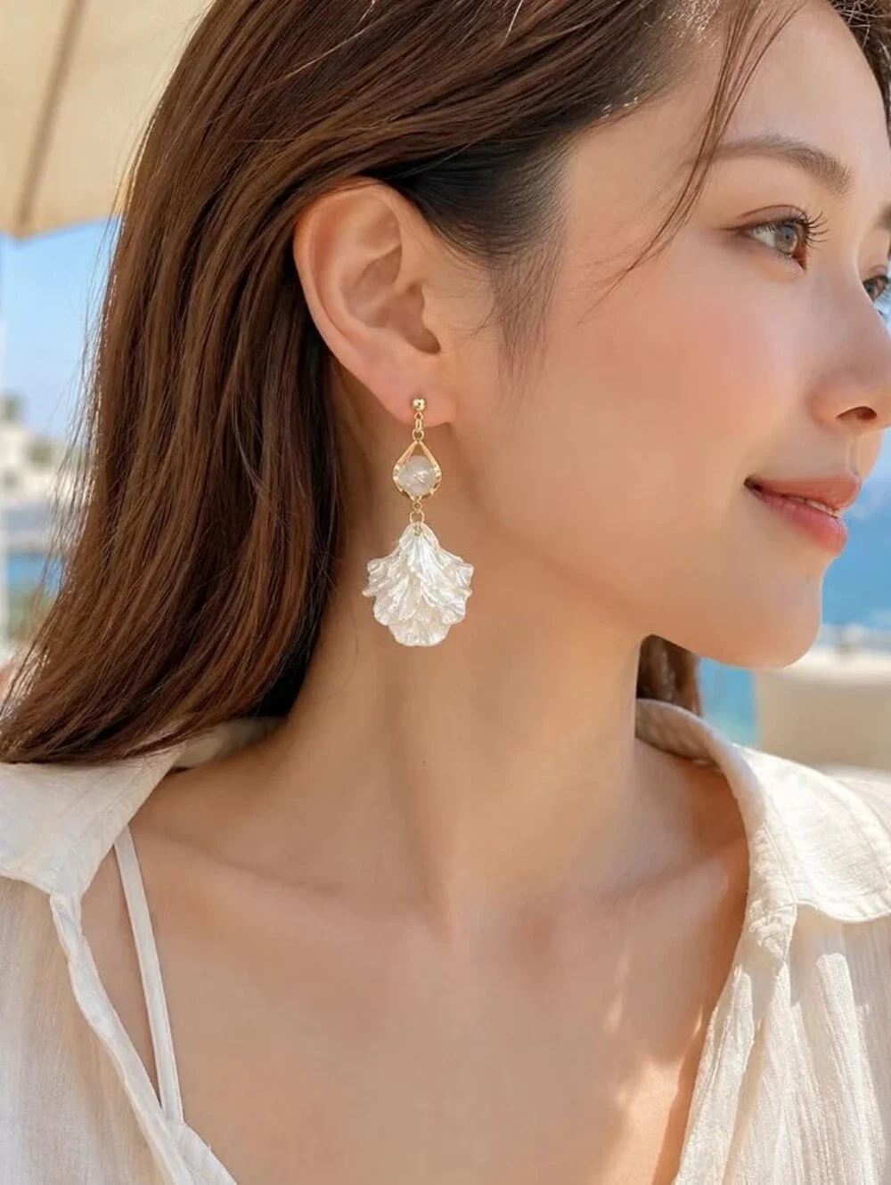 White Shell Petal Drop Earrings Dangle Floral